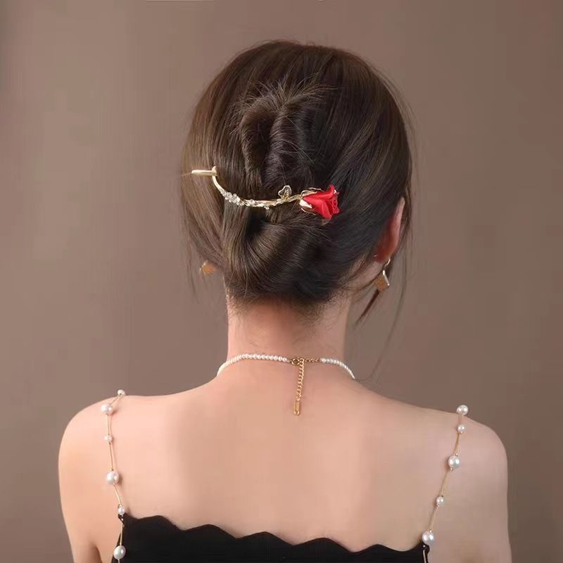 Red Rose Flower Hairpin Twist Clips Rhinestone Violin Hair Clip